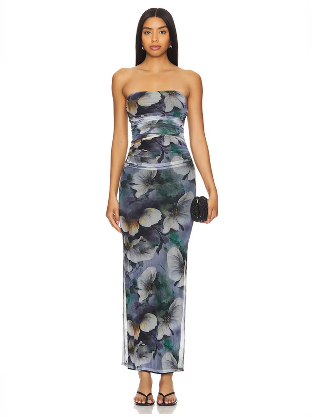 More To Come Sammie Maxi Dress Blue Floral Ruched Mesh Strapless Revolve Xs